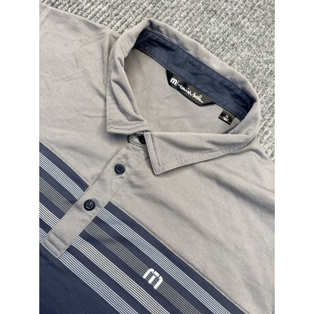 Travis Mathew Golf Polo Men's XL Gray Navy Stripe Short Sleeve Performance Shirt